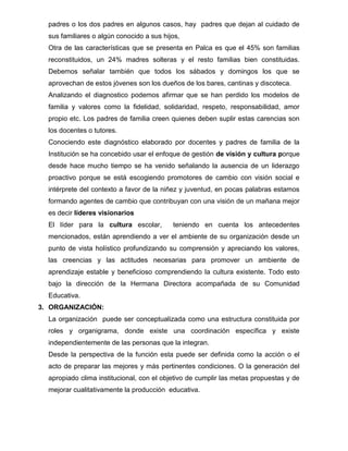 padres o los dos padres en algunos casos, hay padres que dejan al cuidado de
  sus familiares o algún conocido a sus hijos,
  Otra de las características que se presenta en Palca es que el 45% son familias
  reconstituidos, un 24% madres solteras y el resto familias bien constituidas.
  Debemos señalar también que todos los sábados y domingos los que se
  aprovechan de estos jóvenes son los dueños de los bares, cantinas y discoteca.
  Analizando el diagnostico podemos afirmar que se han perdido los modelos de
  familia y valores como la fidelidad, solidaridad, respeto, responsabilidad, amor
  propio etc. Los padres de familia creen quienes deben suplir estas carencias son
  los docentes o tutores.
  Conociendo este diagnóstico elaborado por docentes y padres de familia de la
  Institución se ha concebido usar el enfoque de gestión de visión y cultura porque
  desde hace mucho tiempo se ha venido señalando la ausencia de un liderazgo
  proactivo porque se está escogiendo promotores de cambio con visión social e
  intérprete del contexto a favor de la niñez y juventud, en pocas palabras estamos
  formando agentes de cambio que contribuyan con una visión de un mañana mejor
  es decir líderes visionarios
  El líder para la cultura escolar,        teniendo en cuenta los antecedentes
  mencionados, están aprendiendo a ver el ambiente de su organización desde un
  punto de vista holístico profundizando su comprensión y apreciando los valores,
  las creencias y las actitudes necesarias para promover un ambiente de
  aprendizaje estable y beneficioso comprendiendo la cultura existente. Todo esto
  bajo la dirección de la Hermana Directora acompañada de su Comunidad
  Educativa.
3. ORGANIZACIÓN:
  La organización puede ser conceptualizada como una estructura constituida por
  roles y organigrama, donde existe una coordinación específica y existe
  independientemente de las personas que la integran.
  Desde la perspectiva de la función esta puede ser definida como la acción o el
  acto de preparar las mejores y más pertinentes condiciones. O la generación del
  apropiado clima institucional, con el objetivo de cumplir las metas propuestas y de
  mejorar cualitativamente la producción educativa.
 