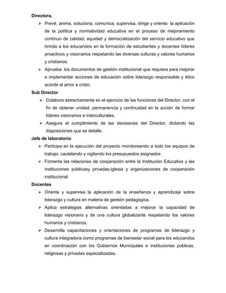Directora,
    Prevé, anima, soluciona, comunica, supervisa, dirige y orienta la aplicación
      de la política y normatividad educativa en el proceso de mejoramiento
      continuo de calidad, equidad y democratización del servicio educativo que
      brinda a los educandos en la formación de estudiantes y docentes líderes
      proactivos y visionarios respetando las diversas culturas y valores humanos
      y cristianos.
    Aprueba los documentos de gestión institucional que requiera para mejorar
      e implementar acciones de educación sobre liderazgo responsable y ético
      acorde al amor a cristo.
Sub Director
    Colabora estrechamente en el ejercicio de las funciones del Director, con el
      fin de obtener unidad, permanencia y continuidad en la acción de formar
      líderes visionarios e interculturales.
    Asegura el cumplimiento de las decisiones del Director, dictando las
      disposiciones que se detalle.
Jefe de laboratorio
    Participa en la ejecución del proyecto monitoreando a todo los equipos de
      trabajo. cautelando y vigilando los presupuestos asignados
    Fomenta las relaciones de cooperación entre la Institución Educativa y las
      instituciones públicasy privadas;iglesia y organizaciones de cooperación
      institucional
Docentes
    Orienta y supervisa la aplicación de la enseñanza y aprendizaje sobre
      liderazgo y cultura en materia de gestión pedagógica.
    Aplica estrategias alternativas orientadas a mejorar la capacidad de
      liderazgo visionario y de una cultura globalizante respetando los valores
      humanos y cristianos.
    Desarrolla capacitaciones y orientaciones de programas de liderazgo y
      cultura integradora como programas de bienestar social para los educandos
      en coordinación con los Gobiernos Municipales e instituciones públicas,
      religiosas y privadas especializadas.
 
