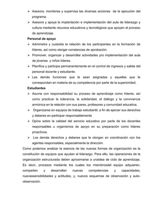 Asesora, monitorea y supervisa las diversas acciones de la ejecución del
      programa.
    Asesora y apoya la implantación e implementación del aula de liderazgo y
      cultura mediante recursos educativos y tecnológicos que apoyen el proceso
      de aprendizaje.
   Personal de apoyo
    Administra y custodia la relación de los participantes en la formación de
      líderes, así como otorgar constancias de aprobación.
    Promover, organizar y desarrollar actividades pro implementación del aula
      de jóvenes y niños líderes.
    Planifica y participa permanentemente en el control de ingresos y salida del
      personal docente y estudiante.
    Las demás funciones que le sean asignadas y aquellas que le
      correspondan en materia de su competencia por parte de la superioridad.
   Estudiantes
    Asume con responsabilidad su proceso de aprendizaje como líderes, así
      como practicar la tolerancia, la solidaridad, el diálogo y la convivencia
      armónica en la relación con sus pares, profesores y comunidad educativa.
    Organizarse en equipos de trabajo estudiantil, a fin de ejercer sus derechos
      y deberes en participar responsablemente
    Opina sobre la calidad del servicio educativo por parte de los docentes
      responsables u organismos de apoyo en su preparación como líderes
      proactivos.
    Los demás derechos y deberes que le otorgan en coordinación con los
      agentes responsables, especialmente la dirección.
Como podemos analizar la esencia de las nuevas formas de organización es la
constitución de equipos que ayudan al liderazgo. Para ello, las operaciones de la
organización estructurada deben aproximarse a unaidea de ciclo de aprendizaje.
Es decir, procesos mediante los cuales los miembrosdel equipo adquieren,
comparten      y    desarrollan     nuevas   competencias     y     capacidades,
nuevassensibilidades y actitudes, y, nuevos esquemas de observación y auto-
observación.
 