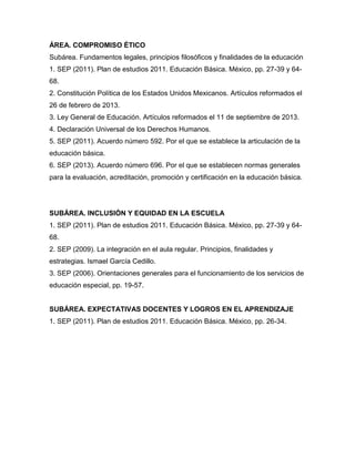 ÁREA. COMPROMISO ÉTICO
Subárea. Fundamentos legales, principios filosóficos y finalidades de la educación
1. SEP (2011). Plan de estudios 2011. Educación Básica. México, pp. 27-39 y 64-
68.
2. Constitución Política de los Estados Unidos Mexicanos. Artículos reformados el
26 de febrero de 2013.
3. Ley General de Educación. Artículos reformados el 11 de septiembre de 2013.
4. Declaración Universal de los Derechos Humanos.
5. SEP (2011). Acuerdo número 592. Por el que se establece la articulación de la
educación básica.
6. SEP (2013). Acuerdo número 696. Por el que se establecen normas generales
para la evaluación, acreditación, promoción y certificación en la educación básica.
SUBÁREA. INCLUSIÓN Y EQUIDAD EN LA ESCUELA
1. SEP (2011). Plan de estudios 2011. Educación Básica. México, pp. 27-39 y 64-
68.
2. SEP (2009). La integración en el aula regular. Principios, finalidades y
estrategias. Ismael García Cedillo.
3. SEP (2006). Orientaciones generales para el funcionamiento de los servicios de
educación especial, pp. 19-57.
SUBÁREA. EXPECTATIVAS DOCENTES Y LOGROS EN EL APRENDIZAJE
1. SEP (2011). Plan de estudios 2011. Educación Básica. México, pp. 26-34.
 
