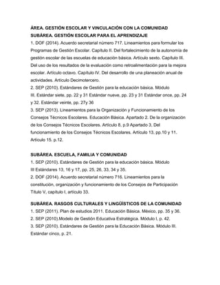 ÁREA. GESTIÓN ESCOLAR Y VINCULACIÓN CON LA COMUNIDAD
SUBÁREA. GESTIÓN ESCOLAR PARA EL APRENDIZAJE
1. DOF (2014). Acuerdo secretarial número 717. Lineamientos para formular los
Programas de Gestión Escolar. Capítulo II. Del fortalecimiento de la autonomía de
gestión escolar de las escuelas de educación básica. Artículo sexto. Capítulo III.
Del uso de los resultados de la evaluación como retroalimentación para la mejora
escolar. Artículo octavo. Capítulo IV. Del desarrollo de una planeación anual de
actividades. Artículo Decimotercero.
2. SEP (2010). Estándares de Gestión para la educación básica. Módulo
III. Estándar siete, pp. 22 y 31 Estándar nueve, pp. 23 y 31 Estándar once, pp. 24
y 32. Estándar veinte, pp. 27y 36
3. SEP (2013). Lineamientos para la Organización y Funcionamiento de los
Consejos Técnicos Escolares. Educación Básica. Apartado 2. De la organización
de los Consejos Técnicos Escolares. Artículo 8, p.9 Apartado 3, Del
funcionamiento de los Consejos Técnicos Escolares. Artículo 13, pp.10 y 11.
Artículo 15. p.12.
SUBÁREA. ESCUELA, FAMILIA Y COMUNIDAD
1. SEP (2010). Estándares de Gestión para la educación básica. Módulo
III Estándares 13, 16 y 17, pp. 25, 26, 33, 34 y 35.
2. DOF (2014). Acuerdo secretarial número 716. Lineamientos para la
constitución, organización y funcionamiento de los Consejos de Participación
Título V, capítulo I, artículo 33.
SUBÁREA. RASGOS CULTURALES Y LINGÜÍSTICOS DE LA COMUNIDAD
1. SEP (2011). Plan de estudios 2011. Educación Básica. México, pp. 35 y 36.
2. SEP (2010).Modelo de Gestión Educativa Estratégica. Módulo I, p. 42.
3. SEP (2010). Estándares de Gestión para la Educación Básica. Módulo III.
Estándar cinco, p. 21.
 