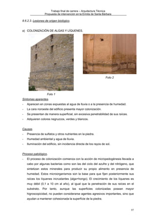 Trabajo final de carrera – Arquitectura Técnica
Propuesta de intervención en la Ermita de Santa Bárbara

8.6.2.3. Lesiones de origen biológico.
a) COLONIZACIÓN DE ALGAS Y LÍQUENES.

Foto 2

Foto 1
Síntomas aparentes.
-

Aparecen en zonas expuestas al agua de lluvia o a la presencia de humedad.

-

La cara noroeste del edificio presenta mayor colonización.

-

Se presentan de manera superficial, sin excesiva penetrabilidad de sus raíces.

-

Adquieren colores negruzcos, verdes y blancos.

Causas.
-

Presencia de sulfatos y otros nutrientes en la piedra.

-

Humedad ambiental y agua de lluvia.

-

Iluminación del edificio, sin incidencia directa de los rayos de sol.

Proceso patológico.
-

El proceso de colonización comienza con la acción de micropedogénesis llevada a
cabo por algunas bacterias como son las del ciclo del azufre y del nitrógeno, que
sintetizan estos minerales para producir su propio alimento en presencia de
humedad. Estos microorganismos son la base para que fijen posteriormente sus
raíces los líquenes incrustantes (alga+hongo). El crecimiento de los líquenes es
muy débil (0,1 a 10 cm al año), al igual que la penetración de sus raíces en el
substrato. Por tanto, aunque las superficies colonizadas posean mayor
higroscopicidad, no pueden considerarse agentes agresivos importantes, sino que
ayudan a mantener cohesionada la superfície de la piedra.

97

 