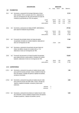 DESCRIPCIÓN

MEDICIÓN
Ud.

2,9
2,9,1

Largo

Ancho

Alto

Medición

PAVIMENTOS
m3

Suministro y colocación de hormigón fabricado en obra,
árido calcáreo 12mm y cemento cem II A-L, elaborado en
obra con hormigonera de 165l, para formación de capa de
nivelación de pendientes de 10cm de espesor.

27,79

ermita

m2

1,00

0,10

26,90

1,00

0,10

2,69

acera exterior

2,9,2

139,35

atrio

74,45

1,50

0,10

11,17

Suministro y colocación de mallazo B-500T, d06 20x20cm,
para capa de nivelación de pavimentos.

13,94

277,93
ermita

m2

1,00

26,90

1,00

26,90

acera exterior

2,9,3

139,35

atrio

74,45

1,50

111,68

Formación de encintado interior con losas de piedra
recuperadas, tomadas con mortero bastardo, elaborado en
obra con hormigonera de 165l.

139,35

11,06
27,65

0,40

2,9,4

m2

Suministro y colocación de pavimento de gres rústico en
interior de edificio, tomado con mortero de c.p. 1:10,
elaborado en obra con hormigonera de 165l.

128,30

2,9,5

m2

Formación de pavimento con losas de piedra recuperadas,
para solado del atrio y acera exterior, tomadas con mortero
bastardo, elaborado en obra con hormigonera de 165l.

138,58

atrio

2,10

26,90

1,00

26,90

acera exterior

74,45

1,50

111,68

CARPINTERÍAS

2,10,1

Ud

Suministro y colocación de puerta en madera de pino meliz
para puerta de acceso principal, incluso cristalería simple de
6mm de espesor, herrajes de apertura, tapetas de acabado,
cerradura y barnizado.

1,00

2,10,2

Ud

Suministro y colocación de puerta en madera de pino meliz
para puerta de acceso de 0,90x1,90m, incluso herrajes de
apertura, tapetas de acabado, cerradura y barniz para
exteriores.

4,00

interiores

2,10,3

Ud

3

exteriores

1

Suministro y colocación de ventana en madera de pino meliz
de 0,70x0,95m, incluso cristalería simple de 6mm de espesor,
herrajes de apertura, tapetas de acabado y barniz.

4,00

 