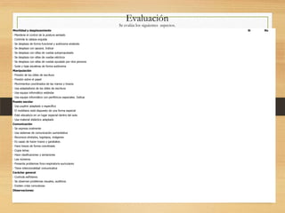 Movilidad y desplazamiento Si No
- Mantiene el control de la postura sentado
- Controla la cabeza erguida
- Se desplaza de forma funcional y autónoma andando
- Se desplaza con apoyos. Indicar
- Se desplaza con sillas de ruedas autopropulsada
- Se desplaza con sillas de ruedas eléctrica
- Se desplaza con sillas de ruedas ayudado por otra persona
- Sube y baja escaleras de forma autónoma
Manipulación
- Presión de los útiles de escritura
- Presión sobre el papel
- Movimientos coordinados de las manos y brazos
- Usa adaptadores de los útiles de escritura
- Usa equipo informático estándar
- Usa equipo informático con periféricos especiales. Indicar
Puesto escolar
- Usa pupitre adaptado o específico
- El mobiliario está dispuesto de una forma especial
- Está ubicado/a en un lugar especial dentro del aula
- Usa material didáctico adaptado
Comunicación
- Se expresa oralmente
- Usa sistemas de comunicación aumentativa
- Reconoce símbolos, logotipos, imágenes
- Es capaz de hacer trazos y garabatos
- Hace trazos de forma coordinada
- Copia letras
- Hace clasificaciones y seriaciones
- Lee números
- Presenta problemas fono-respiratorio-auriculares
- Tiene intencionalidad comunicativa
Carácter general
- Controla esfínteres
- Se observan problemas visuales, auditivos
- Existen crisis convulsivas
Observaciones:
Evaluación
Se evalúa los siguientes aspectos.
 