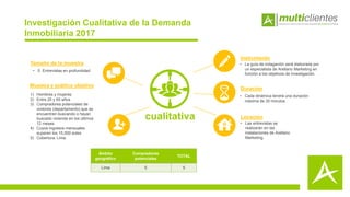 Tamaño de la muestra
Muestra y público objetivo
• 5 Entrevistas en profundidad
Instrumento
• La guía de indagación será elaborada por
un especialista de Arellano Marketing en
función a los objetivos de investigación.
Duración
• Cada dinámica tendrá una duración
máxima de 30 minutos
Locación
• Las entrevistas se
realizarán en las
instalaciones de Arellano
Marketing.
1) Hombres y mujeres
2) Entre 25 y 65 años
3) Compradores potenciales de
vivienda (departamento) que se
encuentren buscando o hayan
buscado vivienda en los últimos
12 meses
4) Cuyos ingresos mensuales
superen los 15,000 soles
5) Cobertura: Lima.
Ámbito
geográfico
Compradores
potenciales
TOTAL
Lima 5 5
cualitativa
Investigación Cualitativa de la Demanda
Inmobiliaria 2017
 