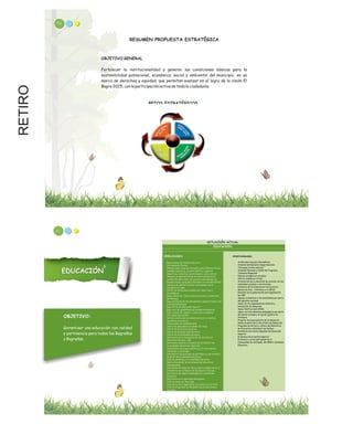59
RESUMEN PROPUESTA ESTRATÉGICA
OBJETIVO GENERAL
Fortalecer la institucionalidad y generar las condiciones básicas para la
sostenibilidad poblacional, económica, social y ambiental del municipio, en un
marco de derechos y equidad, que permitan avanzar en el logro de la visión El
Bagre 2025, con la participación activa de toda la ciudadanía.
RETOS ESTRATÉGICOS
61
EDUCACIÓN
6
OBJETIVO:
Garantizar una educación con calidad
y pertinencia para todos los Bagreños
y Bagreñas.
RETIRO
 