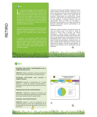 RETIRO 63
Al identificar nuestras oportunidades, tenemos claro hacia
donde encaminar nuestros recursos y esfuerzos, de tal
manera que podamos aprovechar esas oportunidades antes
de que desaparezcan o antes de que alguien más las
aproveche. Generalmente una administración fracasa
cuando no es capaz de identificar ninguna oportunidad, y en
eso hay empresas y personas expertas, que ven
oportunidades donde los demás ven dificultades o
problemas. En esa perspectiva, en la mesa de trabajo de
Educación identificamos nuestras oportunidades y las
plasmamos en la matriz.
Identificar nuestras fortalezas, nos permitió conocer las
cosas que hacemos mejor y nos facilitó el diseño de
objetivos y metas claras y precisas, que estarán
encaminadas a mejorar nuestras debilidades y para
aprovechar nuestras oportunidades. Cuando tenemos claro
qué es lo que sabemos hacer, cuando sabemos en qué nos
desempeñamos mejor, estamos en condiciones de ver con
mayor facilidad las oportunidades, o podemos sortear con
mayor facilidad nuestras debilidades. Lo primero que una
administración, empresa o persona se debe preguntar, es
cuáles son sus fortalezas, una vez identificadas, hay que
explotarlas.
a construcción participativa de la matriz DOFA fue la
herramienta metodológica más importante para
Ldescribir la situación actual del sector educativo en el
Bagre. La importancia de la matriz DOFA radicó en que nos
permitió construir un diagnóstico real de nuestra educación,
más allá de las cifras, es decir, nos mostró cómo estamos,
para determinar hacia dónde vamos, lo cual es un elemento
fundamental en la administración y gerencia de lo público,
considerando que se facilita la construcción de los
programas y la toma de decisiones.
La matriz DOFA nos mostró con claridad cuáles son nuestras
debilidades, nuestras oportunidades, nuestras fortalezas y
nuestras amenazas, elementos que permitieron la
construcción de un panorama real de nuestra situación
actual.
Al identificar con honestidad nuestras debilidades,
comprendemos de qué somos capaces y de qué no. Nos
permite ser objetivos y nos evita asumir riesgos que luego no
podamos cumplir. Conocer nuestros puntos débiles, nos
permite establecer aquello en que debemos mejorar. Las
soluciones son posibles cuando hemos identificado con
claridad los problemas.
PROGRAMA AMPLIACIÓN Y MANTENIMIENTO DE LA
COBERTURA EDUCATIVA.
OBJETIVO: Ampliar y mantener la cobertura educativa a
través del esfuerzo gubernamental y el trabajo en equipo.
PROGRAMA EDUCACIÓN CON CALIDAD Y
COMPETITIVIDAD
OBJETIVO: Garantizar el mejoramiento de la calidad
educativa, a través del esfuerzo interinstitucional y
promoviendo la articulación de los distintos sectores locales
de interés.
PROGRAMA EDUCACIÓN CON PERTINENCIA
OBJETIVO: Implementar programas pertinentes que
promuevan las competencias específicas del talento humano
para mejorar la productividad y la competitividad.
PROGRAMA: EDUCACIÓN EFICIENTE
OBJETIVO: Mejorar el nivel de satisfacción de la
comunidad educativa a partir de la modernización de los
procesos administrativos como matriculas y la eficiencia en
los servicios.
65
 