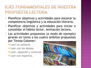  Planificar objetivos y actividades para mejorar la
competencia lingüística y la educación literaria.
 Planificar objetivos y actividades para iniciar o
consolidar el hábito lector. Animación lectora.
 Las actividades propuestas (a modo de ejemplo)
girarán en torno a los cuatro ámbitos propuestos
por Teresa Colomer:
 Leer en solitario.
 Leer con los demás.
 Leer, expandir y conectar.
 Leer con expertos.
 