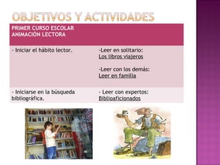 PRIMER CURSO ESCOLAR
ANIMACIÓN LECTORA
- Iniciar el hábito lector. -Leer en solitario:
Los libros viajeros
-Leer con los demás:
Leer en familia
- Iniciarse en la búsqueda
bibliográfica.
- Leer con expertos:
Biblioaficionados
 