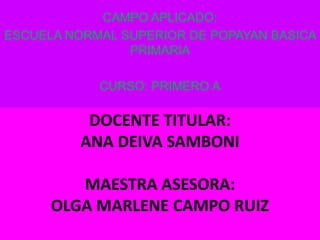 CAMPO APLICADO:
ESCUELA NORMAL SUPERIOR DE POPAYAN BASICA
PRIMARIA
CURSO: PRIMERO A
DOCENTE TITULAR:
ANA DEIVA SAMBONI
MAESTRA ASESORA:
OLGA MARLENE CAMPO RUIZ