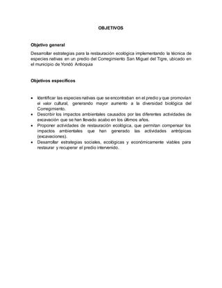 OBJETIVOS
Objetivo general
Desarrollar estrategias para la restauración ecológica implementando la técnica de
especies nativas en un predio del Corregimiento San Miguel del Tigre, ubicado en
el municipio de Yondó Antioquia
Objetivos específicos
 Identificar las especies nativas que se encontraban en el predio y que promovían
el valor cultural, generando mayor aumento a la diversidad biológica del
Corregimiento.
 Describir los impactos ambientales causados por las diferentes actividades de
excavación que se han llevado acabo en los últimos años.
 Proponer actividades de restauración ecológica, que permitan compensar los
impactos ambientales que han generado las actividades antrópicas
(excavaciones).
 Desarrollar estrategias sociales, ecológicas y económicamente viables para
restaurar y recuperar el predio intervenido.
 