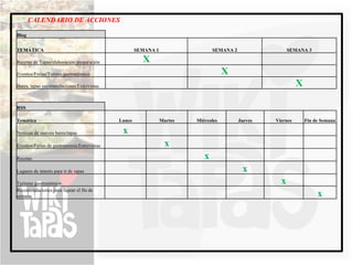 CALENDARIO DE ACCIONES

Blog


TEMÁTICA                                            SEMANA 1                   SEMANA 2                  SEMANA 3

Recetas de Tapas/elaboración/preparación              X
Eventos/Ferias/Turimo gastronómico                                                  X
Bares, tapas recomendaciones/Entrevistas                                                                     X

RSS

Temática                                    Lunes              Martes   Miércoles         Jueves   Viernes       Fin de Semana

Noticias de nuevos bares/tapas               x
Eventos/Ferias de gastronomía/Entrevistas                        x
Recetas                                                                    x
Lugares de interés para ir de tapas                                                        x
Turismo gastronómico                                                                                 x
Recomendaciones para tapear el fin de
semana                                                                                                                x
 