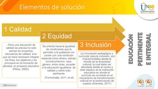 1 Calidad
oPara una educación de
calidad se precisa no solo
pensar en proyectos
educativos de calidad, sino
que se hace necesario integrar
los fines, los objetivos y los
principios en el momento de
plantear un proyecto educativo
(Pérez, 2005).
2 Equidad
Se orienta hacia la igualdad
de condiciones que le
permitan a la población sin
contar con una condición
especial como dinero, estrato
socioeconómico, raza,
género, entre otras, acceder
a la educación igualitaria, de
calidad y sobre todo
pertinente
(Formichella, 2011, et al)
3 Inclusión
La innovación pedagógica y
curricular para la inclusión, son
imprescindibles desde la
mirada de la diversidad
cultural, la cual debe ser
abordada desde el centro y
este espacio es la institución
educativa en donde el
currículo se convierte en el
mecanismo de transformación
cultural en la potenciación de
sujetos (Acevedo, 2017)
Elementos de solución
 