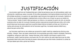 JUSTIFICACIÓN
Los procesos cognitivos son fundamentales para todas las personas ya que con estos podemos captar una
información a medida que vamos creciendo. En los niños marginados el principal problema encontrado fue las
dificultades escolares y la ausencia de capacidades cognitivas para las exigencias de la escuela; también es de aclarar
que el modelo pedagógico implementado en estos niños no es el mejor ya que es un modelo de “interaccionismo” donde
el menor debe permanecer en silencio y no expresar su punto de vista. en muchas ocasiones estos se salen de la
escuela teniendo muchas consecuencias prejudiciales para ellos, entre ellas encontramos que los procesos cognitivos
no podrían desarrollarse de manera exitosa, por tal motivo se realiza este proceso de reforzamiento de los funciones
cognitivas, recreando maneras didácticas y educativas para estos niños.
Las funciones cognitivas es una cadena que nos permite cumplir nuestras competencias diarias ya sea estudiar,
trabajar, tener una buena comunicación con las personas que están a nuestro alrededor familiares, compañeros,
amigos por ende tener buenas relaciones, estos también contribuyen a nuestro éxito profesional, cumplir nuestras
metas y una buena vida. Por esta razón es de suma importancia que los niños marginados desarrollen estas funciones
de manera adecuada para que ellos mismo consideren la calidad de vida que desean para ellos y paras sus familias.
 