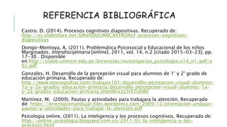 Referencia bibliográfica
 Castro. D. (2014). Procesos cognitivos diapositivas. Recuperado de:
http://es.slideshare.net/DAVIDJULIANCASTROALF/procesos-cognitivos-diapositivas
 Dongo-Montoya, A. (2011). Problemática Psicosocial y Educacional de los niños
Marginados. Interdisciplinaria [online]. 2011, vol. 14, n.2 [citado 2015-03-23], pp. 17-30 . Disponible
en:http://sisbib.unmsm.edu.pe/bvrevistas/investigacion_psicologia/v14_n1/pdf/a02.pdf
 Gonzales, H. Desarrollo de la percepción visual para alumnos de 1° y 2° grado de educación primaria.
Recuperado de: http://www.monografias.com/trabajos101/desarrollo-percepcion-visual-alumnos-1a-y-2a-
grados-educacion-primaria/desarrollo-percepcion-visual-alumnos-1a-y-2a-grados-educacion-
primaria.shtml#ixzz3rE7vSI86
 Martínez, M. (2009). Pautas y actividades para trabajara la atención. Recuperado de:
https://orientacionandujar.files.wordpress.com/2009/12/orientacion-andujar-pautas-y-actividades-para-
trabajar-la-atencion.pdf
 Psicología online, (2011). La inteligencia y los procesos cognitivos. Recuperado de: http://online-
psicologia.blogspot.com.co/2011/01/la-inteligencia-y-los-procesos.html
 Talleres cognitiva. Estimulación cognitiva. Recuperado de: http://tallerescognitiva.com/
 