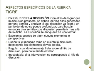  ENRIQUECER LA DISCUSIÓN. Con el fin de lograr que
la discusión prospere, se deben leer los hilos generados
por una semilla y analizar si esa discusión ya llegó a un
punto donde no se puede profundizar, para buscar
entonces otra semilla cuya discusión permita ir más allá
de lo dicho. La discusión se enriquece de una forma:
 Excelente: cuando se traen nuevos elementos o
perspectivas.
 Buena: si el mensaje toma en cuenta la discusión
destacando los elementos claves de ella.
 Regular: cuando el mensaje trata sobre el hilo de
discusión, pero no le añade el valor.
 Inaceptable: si la intervención no corresponde al hilo de
discusión.
ASPECTOS ESPECÍFICOS DE LA RÚBRICA
TIGRE
 