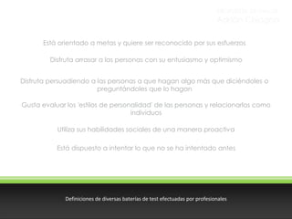 PROPUESTA DE VALOR

Adrián Chiogna
Está orientado a metas y quiere ser reconocido por sus esfuerzos

Disfruta arrasar a las personas con su entusiasmo y optimismo
Disfruta persuadiendo a las personas a que hagan algo más que diciéndoles o
preguntándoles que lo hagan
Gusta evaluar los 'estilos de personalidad' de las personas y relacionarlos como
individuos
Utiliza sus habilidades sociales de una manera proactiva
Está dispuesto a intentar lo que no se ha intentado antes

Definiciones de diversas baterías de test efectuadas por profesionales

 