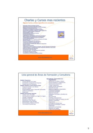 Charlas y Cursos mas recientes
     Algunos Cursos y temas específicos de consultoría
•    Innovación, El Arte De Inventar El Futuro
•    Innovación En Procesos De Mercadeo y Ventas
•    Balanced Scorecard Como Sistema De Gerencia Estratégica
•    Indicadores De Gestión Empresarial
•    Indicadores de Desempeño en la Gestión Pública
•    Herramientas De Calidad En El Siglo XXI: Seis Sigma
•    Gerencia Del Conocimiento Y Redes De Trabajo Colaborativo
•    Diseño de “Cuadros de Mando Dashboards”
                 Cuadros     Mando- Dashboards
•    Gerencia Basada En Valor
•    El Benchmarking y Las Mejores Practicas
•    Presentaciones Efectivas
•    Finanzas para No Financieros
•    Capital Humano: Desarrollo de Competencias Estratégicas
•    Nuevos Esquemas de Competencias y de Compensación
•    Transformando la Calidad de Servicio de mi Empresa
•    El arte de negociar ganando
•    Armonizando conflictos en relaciones personales y de trabajo
•    Maestría Personal
•    Gerencia de Proyectos para No Ingenieros
•    Formación de Facilitadores para la Excelencia
•    Comunicación Efectiva en la Organización
•    El Cóctel del Éxito: Sensibilización, Motivación y Autoestima
•    Eligiendo Caminos
•    Equipos de Alto Desempeño
      q p                    p
•    Conduciendo mi nave en medio de la tormenta: Liderazgo Generador de Voluntades
•    Programa modular en Coaching Empresarial: del gerente tradicional al Líder-Coach
•    Redacción Profesional para Ejecutivos
•    Presentaciones orales gerenciales
•    El proceso de ventas… un rompecabezas de creatividad
•    Las claves del éxito en el servicio
•    Los reclamos, un regalo de su cliente
•    La excelencia en las comunicaciones por teléfono




                                          www.oficinadehoy.com




    Lista general de Áreas de Formación y Consultoría
                                                              Aprendizaje y Desarrollo de la
Ámbito Financiero:                                               Organización
• Gerencia Basada en el Valor                                 • Gerencia de la Cultura y Valores
• Formulación y Evaluación de Proyectos                       • Gerencia Basada en Competencias
• Finanzas para No Financieros                                • Gerencia del Conocimiento
Ámbito Clientes y otros Actores Clave                         • Trabajo Colaborativo
• Propuesta de Valor a los Clientes                               q p                  p
                                                              • Equipos de Alto Desempeño
• Servicio al Cliente                                         • Desarrollo Personal
• Responsabilidad Social y Desarrollo Sustentable             • Modelo de Negocios y Capacidades
                                                                 Competitivas Medulares
• Cadena de Suministro
                                                              • Innovación Estratégica
• Negociación
                                                              • Balanced Scorecard
Ámbito de Procesos Internos
                                                              • Indicadores de Gestión y Rendición de
• Calidad Total e ISO 9000                                       Cuentas
• Herramientas de Calidad en el Siglo 21:6 Sigma              • Ética Gerencial
• Ventajas Competitivas                                       • Coaching y Empowerment
• Relaciones Laborales                                        • Gerencia del Cambio en tiempos de crisis
• Manufactura Clase Mundial                                   • Dinámica Competitiva
• Mantenimiento Clase Mundial                                 • Organización
• Benchmarking y Mejores Prácticas                            • Estrategias de Océano Azul
• Tercerización (outsourcing)                                 • Pensamiento Estratégico y Actitud
                                                                 Empresarial
                                                              • Gerencia de la Tecnología
                                                              • Ambiente de Trabajo
                                                              • El Mito del Emprendedor

                                          www.oficinadehoy.com




                                                                                                           5
 