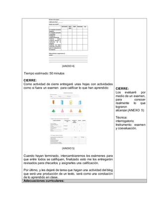 (ANEXO 4) 
Tiempo estimado: 50 minutos 
CIERRE: 
Como actividad de cierre entregaré unas hojas con actividades 
como si fuera un examen para calificar lo que han aprendido: 
(ANEXO 5) 
Cuando hayan terminado, intercambiaremos los exámenes para 
que entre todos se califiquen, finalizado esto me los entregarán 
revisados para checarlos y asignarles una calificación. 
Por último, y les dejaré de tarea que hagan una actividad del blog 
que será una producción de un texto, será como una conclusión 
de lo aprendido en clase. 
CIERRE: 
Los evaluaré por 
medio de un examen, 
para conocer 
realmente lo que 
lograron 
alcanzar.(ANEXO 5) 
Técnica: 
interrogatorio 
Instrumento: examen 
y coevaluación. 
Adecuaciones curriculares: 
 