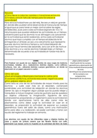 Recursos
¿Cómo llevar a cabo los cambios o transiciones entre una
actividad y otra sin falta de tiempo para favorecer el
aprendizaje?
Para esta actividad hare uso del reloj, llevare un reloj en grande
en donde ellos puedan estar observando el transcurso de tiempo
al igual que yo para tener un mejor control sobre las reglas
establecidas, pues para cada actividad asignare de 10 a 15
minutos para que puedan elaborar las actividades, es un tiempo
suficiente para que los alumnos no se distraigan y se concentren
en la actividad que están realizando, entre cada actividad el
alumno que haya cumplido con el tiempo establecido le iré
entregando un símbolo ya sea una calcomanía que represente
que ese alumno termino a tiempo su actividad deberán de
acumular tres al termino del desarrollo, esto con el fin de motivar
a los alumnos y a su vez los alumnos trabajen bajo un tiempo
determinado de acuerdo a las actividades sin tardar más de lo
necesario.
CIERRE:
Para finalizar con ayuda de sus objetos traídos de casa (cajas de medicina,
corcholatas, botellas, etc.), realizaremos distintos objetos, como edificios,
muñecos, tren, etc., utilizando distintos cuerpos geométricos, en donde se
plasmarán en un papel cascaron o cartón.
Clima del aula:
¿Qué estrategias utilizaré para mantener la calma ante
situaciones conflictivas, evitando reacciones negativas como
gritar, golpear objetos, etc.?
Como esta es una de las actividades de mayor interés para los
alumnos y suele caer más en el desorden, comenzaré
poniéndoles una actividad de relajación en donde los alumnos
cierren los ojos e imaginen algún paisaje que los pueda relajar y
tranquilizar e incluso imaginen como les gustaría que les quedara
sus objetos utilizando la imaginación. Siguiente de esto
comenzaremos proponiendo un reglamento para la actividad en
donde con aportaciones tanto de ellos como mías les
plasmaremos como debe surgir la actividad sin caer en el
desorden, se propondrá la actividad de exponer sus cuerpos
geométricos fuera del salón de clases, como una motivación
extra para ellos y su realización, así poder controlar y tratar con
ayuda del reglamento trabajar en armonía.
Los alumnos con ayuda de las diferentes cajas y objetos traídos de
casa y ayuda de pintura casera que les llevare hecha con café,
plasmarán sus bases como lo muestra en la actividad del libro de texto
¿Qué y cómo evaluar?
Clasificación de los cuerpos
geométricos y observación de
éstosmediante diversospuntos
de vista.
Identifiquen las características
de los cuerpos y sus
componentes.
Desempeño de los alumnos.
 
