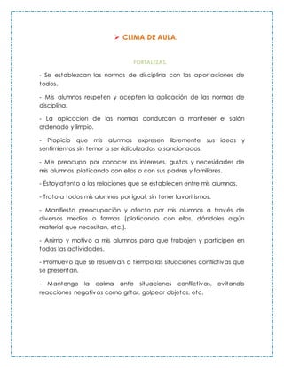 CLIMA DE AULA.
FORTALEZAS.
- Se establezcan las normas de disciplina con las aportaciones de
todos.
- Mis alumnos respeten y acepten la aplicación de las normas de
disciplina.
- La aplicación de las normas conduzcan a mantener el salón
ordenado y limpio.
- Propicio que mis alumnos expresen libremente sus ideas y
sentimientos sin temor a ser ridiculizados o sancionados.
- Me preocupo por conocer los intereses, gustos y necesidades de
mis alumnos platicando con ellos o con sus padres y familiares.
- Estoy atento a las relaciones que se establecen entre mis alumnos.
- Trato a todos mis alumnos por igual, sin tener favoritismos.
- Manifiesto preocupación y afecto por mis alumnos a través de
diversos medios o formas (platicando con ellos, dándoles algún
material que necesitan, etc.).
- Animo y motivo a mis alumnos para que trabajen y participen en
todas las actividades.
- Promuevo que se resuelvan a tiempo las situaciones conflictivas que
se presentan.
- Mantengo la calma ante situaciones conflictivas, evitando
reacciones negativas como gritar, golpear objetos, etc.
 