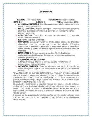 MATEMÀTICAS.
ESCUELA: José Felipe Valle. PRACTICANTE: Roberto Robles.
GRADO: 4 BLOQUE: 2 FECHA: Noviembre 2014.
 APRENDIZAJE ESPERADO. Identifica y representa la forma de las caras
de un cuerpo geométrico.
 TEMA / CONTENIDO. Figuras y cuerpos / Identificación de las caras de
objetos y cuerpos geométricos, a partir de sus representaciones
planas y viceversa.
 COMPETENCIAS. Comunicar información matemática / Manejar
técnicas eficientemente.
 EJE: Forma, espacio y medida.
 PROPÓSITOS. Conozcan y usen las propiedades básicas de ángulos y
diferentes tipos de rectas, así como del círculo, triángulos,
cuadriláteros, polígonos regulares e irregulares, prismas, pirámides,
cono, cilindro y esfera al realizar algunas construcciones y calcular
medidas
 ESTÁNDARES. 2. Forma, espacio y medida / 2.1.1. Explica las
características de diferentes tipos de rectas, ángulos, polígonos y
cuerpos geométricos.
 ASIGNATURA QUE SE ASOCIAN.
Artística: Distingue diferentes formas, soporte y materiales en
producciones bidimensionales.
 INTENCIÓN DIDÁCTICA. Que los alumnos asocien la forma de las
caras de algunos objetos con su representación plana para elaborar
diseños.
Por yuxtaposición de cuerpos, obtener formas “nuevas” o ya conocidas. Lo
mismo si se cortan sólidos, por ejemplo hechos en jabón. Así, con estos dos
puedo armar “como la torre de una iglesia”, o con éstos armo un cubo
grande, o cortando aquí tengo “como una moneda”, o un cuerpo cuyas
caras son todos triángulos, etcétera.
Observación, descripción y representación de objetos desde distintos
puntos de vista (inclusive desde arriba), por ejemplo, una tetera, un
muñeco, un ramo de flores de diferentes clases. Se sugiere apoyar el
objeto sobre una mesa de vidrio, y adoptar también el punto de vista
“desde abajo”.
El análisis de las propiedades de los objetos permite definir criterios para
que se les reconozca sin necesidad de señalarlos o nombrarlos
directamente.
 