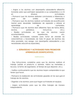 - Asigno a los alumnos con desempeño sobresaliente diferentes
funciones para que participen apoyando a sus compañeros o a mí
en diversas actividades.
- Promuevo que mis alumnos elaboren conclusiones e inferencias a
partir del análisis de información.
- Promuevo que mis alumnos realicen actividades de escenificación
teatral para desarrollar habilidades de expresión y reforzar el
aprendizaje de contenidos.
- Promuevo que mis alumnos lean diferentes tipos de textos (libros,
revistas, periódicos, instructivos, etc.).
- Realizo actividades en las que mis alumnos narran
acontecimientos, experiencias, etc.
- Realizo actividades variadas para tratar de atender las
características y necesidades de todo mi grupo de alumnos (los
niños promedio, con rezago, con desempeño sobresaliente y con
necesidades educativas especiales).
 ESTRATEGIAS Y ACTIVIDADES PARA PROMOVER
APRENDIZAJES SIGNIFICATIVOS.
FORTALEZAS.
- Doy instrucciones completas para que los alumnos realicen el
trabajo (señalo el producto a obtener, indico los materiales y
recursos, la forma de organizarse, el tiempo de que disponen, etc.).
- Verifico continuamente que los alumnos hayan comprendido lo que
tienen que hacer.
- Promuevo la realización de actividades grupales en las que guío el
trabajo de mis alumnos.
- Organizo a los alumnos para que hagan actividades en equipos.
- Asigno actividades para que los niños trabajen de manera
independiente.
 