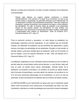 18
alumnos a lo largo de su formación; por tanto, es parte constitutiva de la enseñanza
y del aprendizaje.
“Desde este enfoque se sugiere obtener evidencias y brindar
retroalimentación a los alumnos a lo largo de su formación, ya que la que
reciban sobre su aprendizaje, les permitirá participar en el mejoramiento de
su desempeño y ampliar sus posibilidades de aprender. Para que cumpla sus
propósitos, requiere comprender cómo potenciar los logros y cómo enfrentar
las dificultades. Por ello, el docente habrá de explicitar a los estudiantes
formas en que pueden superar sus dificultades. En este sentido, una
calificación o una descripción sin propuestas de mejora resultan insuficientes
e inapropiadas para mejorar su desempeño.” (Plan de Estudios 2011,
Educación Básica, 2011, pág. 31)
“Para la educación primaria y secundaria, en cada bloque se establecen los
aprendizajes esperados para las asignaturas, lo que significa que los docentes
contarán con referentes de evaluación que les permitirán dar seguimiento y apoyo
cercano a los logros de aprendizaje de sus estudiantes. Durante un ciclo escolar, el
docente realiza o promueve distintos tipos de evaluación, tanto por el momento en
que se realizan, como por quienes intervienen en ella.” (Plan de Estudios 2011,
Educación Básica, 2011, pág. 31)
La evaluación diagnóstica es muy importante para los docentes ya que con éste se
permite saber los conocimientos previos de los alumnos, y a raíz de eso, sabe cuál
será su punto de partida hacia nuevos aprendizajes. Además dentro de la
evaluación se encuentra la formativa y la sumativa; la primera se realiza durante
todo el proceso de aprendizaje y son para valorar los avances y la sumativa es con
el fin de tomar decisiones relacionadas con la acreditación, no así en el nivel de
preescolar, donde la acreditación se obtendrá sólo por el hecho de haberlo cursado.
La COEVALUACIÓN es una herramienta de apoyo para que el estudiante pueda
valorar tanto los procesos como actuaciones de aprendizaje que tienen sus otros
compañeros, además es un estilo de estrategia que se permite compartir estrategias
 