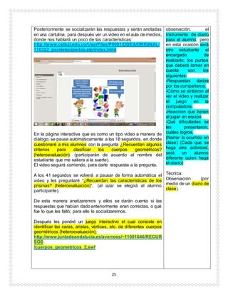 25
Posteriormente se socializarán las respuestas y serán anotadas
en una cartulina, para después ver un video en el aula de medios,
donde nos hablará un poco de las características:
http://www.ceibal.edu.uy/UserFiles/P0001/ODEA/ORIGINAL/
110322_paralelepipedos.elp/index.html
En la página interactiva que es como un tipo video a manera de
diálogo, se pausa automáticamente a los 18 segundos, en donde
cuestionaré a mis alumnos con la pregunta ¿Recuerdan algunos
criterios para clasificar los cuerpos geométricos?
(heteroevaluación) (participarán de acuerdo al nombre del
estudiante que me saliera a la suerte).
El video seguirá corriendo, para darle respuesta a la pregunta.
A los 41 segundos se volverá a pausar de forma automática el
video y les preguntaré “¿Recuerdan las características de los
prismas? (heteroevaluación)”, (al azar se elegirá al alumno
participante).
De esta manera analizaremos y ellos se darán cuenta si las
respuestas que habían dado anteriormente eran correctas, o qué
fue lo que les faltó; para ello lo socializaremos.
Después les pondré un juego interactivo el cual consiste en
identificar las caras, aristas, vértices, etc. de diferentes cuerpos
geométricos (heteroevaluación);
http://www.juntadeandalucia.es/averroes/~11001646/RECUR
SOS
/cuerpos_geometricos_2.swf
observación, el
instrumento de diario
para el alumno, pero
en esta ocasión será
otro estudiante el
encargado de
realizarlo; los puntos
que deberá tomar en
cuenta son los
siguientes:
-Respuestas dadas
por los compañeros.
-Cómo se sintieron al
ver el video y realizar
el juego en la
computadora.
-Reacción que tienen
al jugar en equipo
-Qué dificultades se
les presentaron,
cuáles logros.
(Narrar lo ocurrido en
clase) (Cada que se
haga otra actividad,
será un alumno
diferente quien haga
el diario)
Técnica:
Observación (por
medio de un diario de
clase).
 