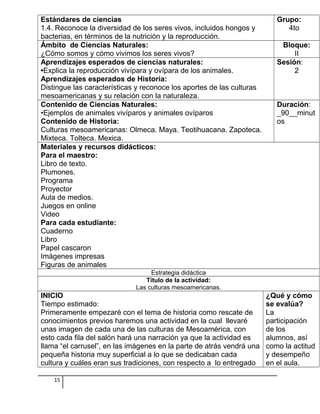 Estándares de ciencias
1.4. Reconoce la diversidad de los seres vivos, incluidos hongos y
bacterias, en términos de la nutrición y la reproducción.
Grupo:
4to
Ámbito de Ciencias Naturales:
¿Cómo somos y cómo vivimos los seres vivos?
Bloque:
II
Aprendizajes esperados de ciencias naturales:
•Explica la reproducción vivípara y ovípara de los animales.
Aprendizajes esperados de Historia:
Distingue las características y reconoce los aportes de las culturas
mesoamericanas y su relación con la naturaleza.
Sesión:
2
Contenido de Ciencias Naturales:
•Ejemplos de animales vivíparos y animales ovíparos
Contenido de Historia:
Culturas mesoamericanas: Olmeca. Maya. Teotihuacana. Zapoteca.
Mixteca. Tolteca. Mexica.
Duración:
_90__minut
os
Materiales y recursos didácticos:
Para el maestro:
Libro de texto.
Plumones.
Programa
Proyector
Aula de medios.
Juegos en online
Video
Para cada estudiante:
Cuaderno
Libro
Papel cascaron
Imágenes impresas
Figuras de animales
Estrategia didáctica
Título de la actividad:
Las culturas mesoamericanas.
INICIO
Tiempo estimado:
Primeramente empezaré con el tema de historia como rescate de
conocimientos previos haremos una actividad en la cual llevaré
unas imagen de cada una de las culturas de Mesoamérica, con
esto cada fila del salón hará una narración ya que la actividad es
llama “el carrusel”, en las imágenes en la parte de atrás vendrá una
pequeña historia muy superficial a lo que se dedicaban cada
cultura y cuáles eran sus tradiciones, con respecto a lo entregado
¿Qué y cómo
se evalúa?
La
participación
de los
alumnos, así
como la actitud
y desempeño
en el aula.
15
 