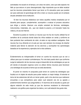 actividades me excedi en el tiempo y en otras me sobro, creo que este aspecto me
fallo ya que estuve un poco desorganizada. Algo importante que se debe recalcar
que los recursos presentados tienen que tener un fin educativo para que puedan
ser para estimular el aprendizaje del niño si bien un recurso puede ser el contexto
situado alrededor de la institución.
Si bien los recursos didácticos son todos aquellos medios empleados por el
docente para apoyar, complementar, acompañar o evaluar el proceso educativo
que dirige u orienta. Abarcan una amplia variedad de técnicas, estrategias,
instrumentos, materiales, etc., que van desde la pizarra y el marcador hasta los
videos y el uso de Internet.
Durante la puesta en marcha un recurso que me fue de mucha utilidad fue el
semáforo de la conducta donde todos los niños estaban en verde y conforme se
iban portando iban cambiando de color, al estar en rojo estaban castigados. Este
recurso fue muy eficiente en el aula por eso casi siempre me encargo de diseñar
material para llamar la atención de los alumnos y acompañar los aprendizajes
basados en la experiencia y ejemplos de la vida cotidiana.
Evidentemente es indispensable el tomar en cuenta los recursos que se van a
utilizar para que no existan contratiempos. Por otro lado puedo decir que conforme
surga la realización de los recursos surge el desarrollo de las estrategias ya que es
ahí donde el educador organiza como va utilizar dichos recursos para favorecer
una estrategia de acuerdo al tema que se está abordando.
Al poner en marcha mi propuesta pude tomar en cuenta las estrategias que
focalizo en mi objeto de estudio para poder realizar un mejor trabajo. Al abordar el
tema de las estaciones del año en tercer grado, pedi a los alumnos que realizaran
encuentas a sus compañeros para saber cual estación era de su agrado y
posteriormente tendrían que preguntarles a 10 alumnos de la escuela su gusto por
alguna estación de este modo ya que los alumnos recabaron la información
realizaron una gráfica para organizar los datos y ver cuál estación les gusta más.
23
 