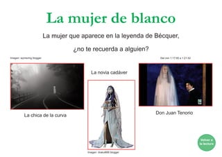 La mujer de blanco
La chica de la curva
Volver a
la lectura
La mujer que aparece en la leyenda de Bécquer,
¿no te recuerda a alguien?
La novia cadáver
Don Juan Tenorio
Imagen: wymering blogger
Imagen: drakul666 blogger
Del min 1:17:00 a 1:21:52
 