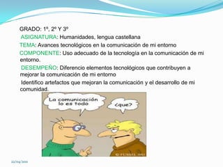     GRADO: 1º, 2º Y 3º     ASIGNATURA: Humanidades, lengua castellanaTEMA: Avances tecnológicos en la comunicación de mi entornoCOMPONENTE: Uso adecuado de la tecnología en la comunicación de mi entorno.DESEMPEÑO: Diferencio elementos tecnológicos que contribuyen a mejorar la comunicación de mi entorno      Identifico artefactos que mejoran la comunicación y el desarrollo de mi    comunidad.22/04/2011