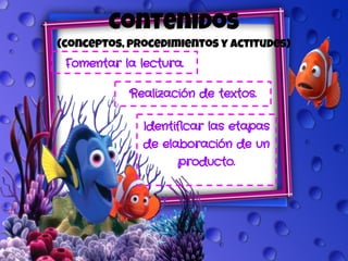 Contenidos
(conceptos, procedimientos y actitudes)
Fomentar la lectura.
Realización de textos.
Identificar las etapas
de elaboración de un
producto.
 