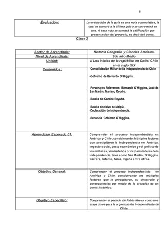 8
Clase 3
Evaluación: La evaluación de la guía es una nota acumulativa, la
cual se sumará a la última guía y se convertirá en
una. A esta nota se sumará la calificación por
presentación del proyecto, es decir del comic.
Sector de Aprendizaje: Historia Geografía y Ciencias Sociales.
Nivel de Aprendizaje: 2do año Medio
Unidad: II Los inicios de la república en Chile: Chile
en el siglo XIX
Contenidos: -Consolidación Militar de la Independencia de Chile
-Gobierno de Bernardo O´Higgins.
-Personajes Relevantes: Bernardo O´Higgins, José de
San Martín, Mariano Osorio.
-Batalla de Cancha Rayada.
-Batalla decisiva de Maipú.
-Declaración de Independencia.
-Renuncia Gobierno O´Higgins.
Aprendizaje Esperado 01: Comprender el proceso independentista en
América y Chile, considerando: Múltiples factores
que precipitaron la independencia en América,
impacto social, costo económico y rol político de
los militares, visión de los principales líderes de la
independencia, tales como San Martín, O´Higgins,
Carrera, Infante, Salas, Egaña entre otros.
Objetivo General: Comprender el proceso independentista en
América y Chile, considerando los múltiples
factores que lo precipitaron, su desarrollo y
consecuencias por medio de la creación de un
comic histórico.
Objetivo Específico: Comprender el período de Patria Nueva como una
etapa clave para la organización independiente de
Chile.
 