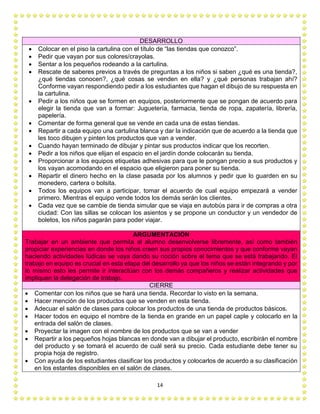 14
DESARROLLO
 Colocar en el piso la cartulina con el título de “las tiendas que conozco”.
 Pedir que vayan por sus colores/crayolas.
 Sentar a los pequeños rodeando a la cartulina.
 Rescate de saberes previos a través de preguntas a los niños si saben ¿qué es una tienda?,
¿qué tiendas conocen?, ¿qué cosas se venden en ella? y ¿qué personas trabajan ahí?
Conforme vayan respondiendo pedir a los estudiantes que hagan el dibujo de su respuesta en
la cartulina.
 Pedir a los niños que se formen en equipos, posteriormente que se pongan de acuerdo para
elegir la tienda que van a formar: Juguetería, farmacia, tienda de ropa, zapatería, librería,
papelería.
 Comentar de forma general que se vende en cada una de estas tiendas.
 Repartir a cada equipo una cartulina blanca y dar la indicación que de acuerdo a la tienda que
les toco dibujen y pinten los productos que van a vender.
 Cuando hayan terminado de dibujar y pintar sus productos indicar que los recorten.
 Pedir a los niños que elijan el espacio en el jardín donde colocarán su tienda.
 Proporcionar a los equipos etiquetas adhesivas para que le pongan precio a sus productos y
los vayan acomodando en el espacio que eligieron para poner su tienda.
 Repartir el dinero hecho en la clase pasada por los alumnos y pedir que lo guarden en su
monedero, cartera o bolsita.
 Todos los equipos van a participar, tomar el acuerdo de cual equipo empezará a vender
primero. Mientras el equipo vende todos los demás serán los clientes.
 Cada vez que se cambie de tienda simular que se viaja en autobús para ir de compras a otra
ciudad: Con las sillas se colocan los asientos y se propone un conductor y un vendedor de
boletos, los niños pagarán para poder viajar.
ARGUMENTACIÓN
Trabajar en un ambiente que permita al alumno desenvolverse libremente, así como también
propiciar experiencias en donde los niños creen sus propios conocimientos y que conforme vayan
haciendo actividades lúdicas se vaya dando su noción sobre el tema que se está trabajando. El
trabajo en equipo es crucial en esta etapa del desarrollo ya que los niños se están integrando y por
lo mismo esto les permite ir interactúan con los demás compañeros y realizar actividades que
impliquen la delegación de trabajo.
CIERRE
 Comentar con los niños que se hará una tienda. Recordar lo visto en la semana.
 Hacer mención de los productos que se venden en esta tienda.
 Adecuar el salón de clases para colocar los productos de una tienda de productos básicos.
 Hacer todos en equipo el nombre de la tienda en grande en un papel caple y colocarlo en la
entrada del salón de clases.
 Proyectar la imagen con el nombre de los productos que se van a vender
 Repartir a los pequeños hojas blancas en donde van a dibujar el producto, escribirán el nombre
del producto y se tomará el acuerdo de cuál será su precio. Cada estudiante debe tener su
propia hoja de registro.
 Con ayuda de los estudiantes clasificar los productos y colocarlos de acuerdo a su clasificación
en los estantes disponibles en el salón de clases.
 