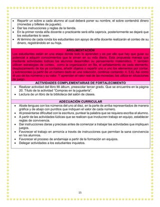 15
 Repartir un sobre a cada alumno al cual deberá poner su nombre, el sobre contendrá dinero
(monedas y billetes de juguete).
 Dar las instrucciones y reglas de la tienda.
 En la primer ronda el/la docente o practicante será el/la cajero/a, posteriormente se dejará que
los estudiantes lo sean.
 Al término de cada ronda los estudiantes con apoyo de el/la docente realizarán el conteo de su
dinero, registrándolo en su hoja.
ARGUMENTACIÓN
Los estudiantes están en una etapa donde todo lo aprenden y es por ello que hay que guiar su
potencial a adquirir conocimientos que le sirvan en su vida diaria. Esta propuesta maneja que
mediante actividades lúdicas los alumnos desarrollen su pensamiento matemático. Y también
utilicen estrategias de conteo, como la organización en fila, el señalamiento de cada elemento,
desplazamiento de los ya contados, añadir objetos o repartir uno a uno los elementos por contar,
y sobreconteo (a partir de un número dado en una colección, continúa contando: 4, 5,6). Así como
el uso de los números y su valor. Y aprendan el valor real de las monedas; las utiliza en situaciones
de juego.
ACTIVIDADES COMPLEMENTARIAS DE FORTALECIMIENTO
 Realizar actividad del libro Mi álbum, preescolar tercer grado. Que se encuentra en la página
20. Título de la actividad “Compras en la juguetería”.
 Lectura de un libro de la biblioteca del salón de clases.
ADECUACIÓN CURRICULAR
 Abate lenguas con los números del uno al diez, en la parte de arriba representados de manera
gráfica y de abajo con puntitos que indiquen el valor de cada número.
 Al presentarse dificultad con la escritura, puntear la palabra que se requiera escriba el alumno.
 A partir de las actividades lúdicas que se realicen que involucren trabajo en equipo, establecer
reglas de convivencia.
 Dar instrucciones claras y precisas antes de comenzar a trabajar las actividades que impliquen
juegos.
 Favorecer el trabajo en armonía a través de instrucciones que permitan la sana convivencia
en los alumnos.
 Favorecer el proceso de andamiaje a partir de la formación en equipos.
 Delegar actividades a los estudiantes inquietos.
 