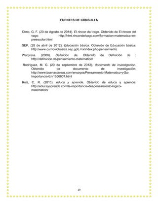 19
FUENTES DE CONSULTA
Olmo, G. F. (20 de Agosto de 2014). El rincon del vago. Obtenido de El rincon del
vago: http://html.rincondelvago.com/formacion-matematica-en-
preescolar.html
SEP. (28 de abril de 2012). Educación básica. Obtenido de Educación básica:
http://www.curriculobasica.sep.gob.mx/index.php/pensamiento
Worpress. (2008). Definición de. Obtenido de Definición de :
http://definicion.de/pensamiento-matematico/
Rodríguez, M. G. (20 de septiembre de 2012). documento de investigación.
Obtenido de documento de investigación:
http://www.buenastareas.com/ensayos/Pensamiento-Matematico-y-Su-
Importancia-En/1656807.html
Ruiz, C. R. (2013). educa y aprende. Obtenido de educa y aprende:
http://educayaprende.com/la-importancia-del-pensamiento-logico-
matematico/
 
