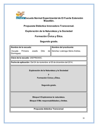 33
Escuela Normal Experimental de El Fuerte Extensión
Mazatlán.
Propuesta Didáctica Innovadora Transversal.
Exploración de la Naturaleza y la Sociedad
y
Formación Cívica y Ética.
Segundo grado.
Nombre de la escuela:
Escuela Primaria Josefa Ortiz de
Domínguez.
Nombre del practicante:
Sánchez Lizárraga Gloria Andrea.
Clave de la escuela: 25EPR0340C.
Fecha de aplicación: Del 24 de noviembre al 05 de diciembre del 2014.
Exploración de la Naturaleza y la Sociedad
y
Formación Cívica y Ética.
Segundo grado.
Bloque II Exploramos la naturaleza.
Bloque II Mis responsabilidades y límites.
Propuesta didáctica Transversal
 