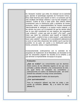 45
Es necesario recalcar que antes de empezar con la actividad
para abordar el aprendizaje esperado de Formación Cívica y
Ética (Qué hacemos para repartir un bien o un producto que ha
sido resultado del trabajo colectivo o que ha sido otorgado a un
colectivo. Cuánto le toca a cada quien. Qué criterios deben
considerarse para la distribución justa y equitativa de bienes,
productos, tareas o responsabilidades) de manera transversal
intencionalmente le entregaré a un equipo mucho material, y a
los demás muy poco con el propósito de que los demás noten
que lo que está sucediendo es una injusticia, les preguntaré:
¿qué sintieron?, ¿creen que esto es justo? ¿Por qué?, ¿qué
creen que debo de considerar para repartir el material de
manera justa?, ¿cuánto le toca a cada equipo?, ¿qué debemos
hacer para saberlo?. Después de la socialización platicaremos
un poco en qué otras situaciones han sentido que lo que les ha
sucedido no es justo, en cuanto a la distribución justa de
bienes, productos, tareas o responsabilidades.
Consecutivamente continuaremos con la actividad de la
asignatura de Exploración de la Naturaleza y la Sociedad en la
que los educandos pegarán los recortes en la cartulina, y ya
que terminen el representante de equipo lo al grupo.
Evaluación:
¿Qué se evalúa? Los conocimientos que los alumnos
tienen acerca de los diferentes lugares en los que viven
animales y plantas silvestres y las consecuencias de esto.
De igual forma se evaluarán los comentarios y
participaciones en cuanto a la distribución justa, así como
también las actitudes a lo largo de las actividades.
¿Con qué técnica? Análisis del desempeño.
¿Con qué instrumento?
Para mi evaluación utilizaré una lista de cotejo y una
escala de actitudes. (Anexo 6), y un diario de clase
(Anexo 7).
 