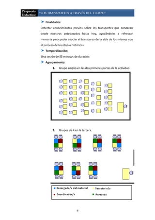 Propuesta
             “LOS TRANSPORTES A TRAVÉS DEL TIEMPO”
Didáctica:

                 Finalidades:
             Detectar conocimientos previos sobre los transportes que conozcan
             desde nuestros antepasados hasta hoy, ayudándoles a refrescar
             memoria para poder asociar el transcurso de la vida de los mismos con
             el proceso de las etapas históricas.
                 Temporalización:
             Una sesión de 55 minutos de duración
                 Agrupamiento:
                      1.    Grupo amplio en las dos primeras partes de la actividad.




                      2.    Grupos de 4 en la tercera.




                                          6
 