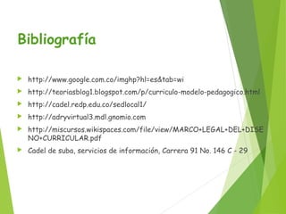 Bibliografía


http://www.google.com.co/imghp?hl=es&tab=wi



http://teoriasblog1.blogspot.com/p/curriculo-modelo-pedagogico.html



http://cadel.redp.edu.co/sedlocal1/



http://adryvirtual3.mdl.gnomio.com



http://miscursos.wikispaces.com/file/view/MARCO+LEGAL+DEL+DISE
NO+CURRICULAR.pdf



Cadel de suba, servicios de información, Carrera 91 No. 146 C - 29

 