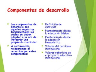 Componentes de desarrollo




Los componentes de
desarrollo son
aquellos requisitos
fundamentales los
cuales se deben
adoptar a la ora de
instaurar una
propuesta curricular
A continuación
relazaremos el
recorrido por estos
componentes:








Definición de
currícula
Planteamiento desde
la educación básica
Planteamiento desde
la educación
Humanística
Valores del currículo
institucional
Valores referidos en
el proyecto educativo
institucional

 