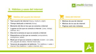 Índice
Hábitos y usos del internet
Redes sociales
Perfil del consumidor de internet
Publicidad en internet
 