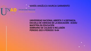 MARÍA ANGÉLICA MURCIA SARMIENTO
UNIVERSIDAD NACIONAL ABIERTA Y A DISTANCIA.
ESCUELA DE CIENCIAS DE LA EDUCACIÓN - ECEDU
MAESTRÍA EN EDUCACIÓN
SEMINARIO DE CALIDAD E INCLUSIÓN
PERIODO 2023 II PERIODO 16-04
 