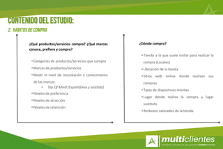 10
¿Qué productos/servicios compra? ¿Qué marcas
conoce, prefiere y compra?
•Categorías de productos/servicios que compra
•Marcas de productos/servicios
•Medir el nivel de recordación y conocimiento
de las marcas:
• Top Of Mind (Espontánea y asistida)
•Niveles de preferencia
•Niveles de atracción
•Niveles de retención
¿Dónde compra?
•Tienda a la que suele visitar para realizar la
compra (Locales)
•Ubicación de la tienda
•Sitios web online donde realizan sus
compras
•Tipos de dispositivos móviles
•Lugar donde realiza la compra y lugar
sustituto
•Atributos valorados de la tienda
 