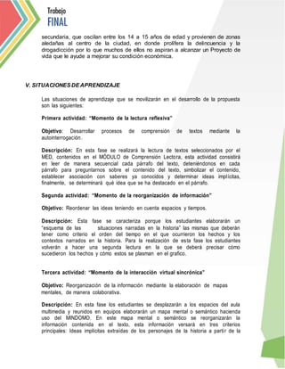 secundaria, que oscilan entre los 14 a 15 años de edad y provienen de zonas
aledañas al centro de la ciudad, en donde prolifera la delincuencia y la
drogadicción por lo que muchos de ellos no aspiran a alcanzar un Proyecto de
vida que le ayude a mejorar su condición económica.
V. SITUACIONES DEAPRENDIZAJE
Las situaciones de aprendizaje que se movilizarán en el desarrollo de la propuesta
son las siguientes:
Primera actividad: “Momento de la lectura reflexiva”
Objetivo: Desarrollar procesos de comprensión de textos mediante la
autointerrogación.
Descripción: En esta fase se realizará la lectura de textos seleccionados por el
MED, contenidos en el MÓDULO de Comprensión Lectora, esta actividad consistirá
en leer de manera secuencial cada párrafo del texto, deteniéndonos en cada
párrafo para preguntarnos sobre el contenido del texto, simbolizar el contenido,
establecer asociación con saberes ya conocidos y determinar ideas implícitas,
finalmente, se determinará qué idea que se ha destacado en el párrafo.
Segunda actividad: “Momento de la reorganización de información”
Objetivo: Reordenar las ideas teniendo en cuenta espacios y tiempos.
Descripción: Esta fase se caracteriza porque los estudiantes elaborarán un
“esquema de las situaciones narradas en la historia” las mismas que deberán
tener como criterio el orden del tiempo en el que ocurrieron los hechos y los
contextos narrados en la historia. Para la realización de esta fase los estudiantes
volverán a hacer una segunda lectura en la que se deberá precisar cómo
sucedieron los hechos y cómo estos se plasman en el grafico.
Tercera actividad: “Momento de la interacción virtual sincrónica”
Objetivo: Reorganización de la información mediante la elaboración de mapas
mentales, de manera colaborativa.
Descripción: En esta fase los estudiantes se desplazarán a los espacios del aula
multimedia y reunidos en equipos elaborarán un mapa mental o semántico hacienda
uso del MINDOMO. En este mapa mental o semántico se reorganizarán la
información contenida en el texto, esta información versará en tres criterios
principales: Ideas implícitas extraídas de los personajes de la historia a partir de la
 
