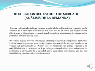 Una vez realizado el estudio de mercado y analizado la problemática se evidencio que la
demanda en el municipio de Palmor es alta, dado que no se cuenta con ningún sistema
eléctrico por la distancia con el municipio del Magdalena, situación que les causa muchos
problemas ambientales y de salud.
Por lo tanto nuestro proyecto esta dirigido a toda la población del corregimiento de Palmor.
Lo ideal es que la propuesta sea aceptada por cada miembro de fincas, casas situadas en las
veredas del corregimiento de Palmor; que se encuentren sin energía eléctrica y la
posibilidad de que la comunidad participe en la ejecución del mismo generando sentido de
pertenencia y apropiación de la actividad que se desarrollará solucionando con esto sus
necesidades y contribuyendo al medio ambiente.

 