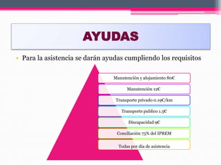 AYUDAS
• Para la asistencia se darán ayudas cumpliendo los requisitos
Manutención y alojamiento 80€
Manutención 12€
Transporte privado 0.19€/km
Transporte publico 1.5€
Discapacidad 9€
Conciliación 75% del IPREM
Todas por día de asistencia
 