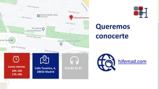 Calle Tunaima, 4,
28033 Madrid
913 82 56 87
Queremos
conocerte
hifemad.com
Lunes-viernes
10h-14h
17h-19h
 